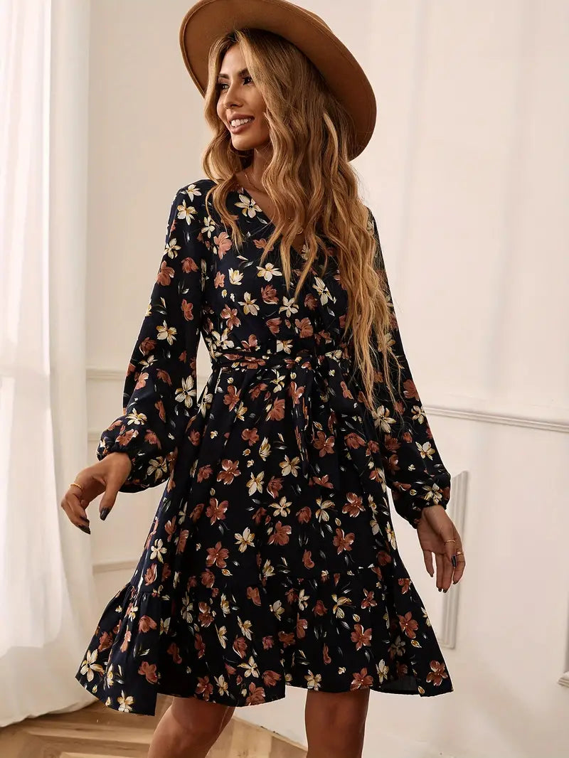 Autumn Flower Print V-Neck Long Sleeve Dress w/ Belt