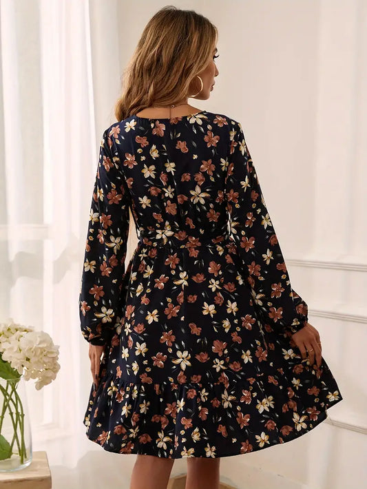 Autumn Flower Print V-Neck Long Sleeve Dress w/ Belt