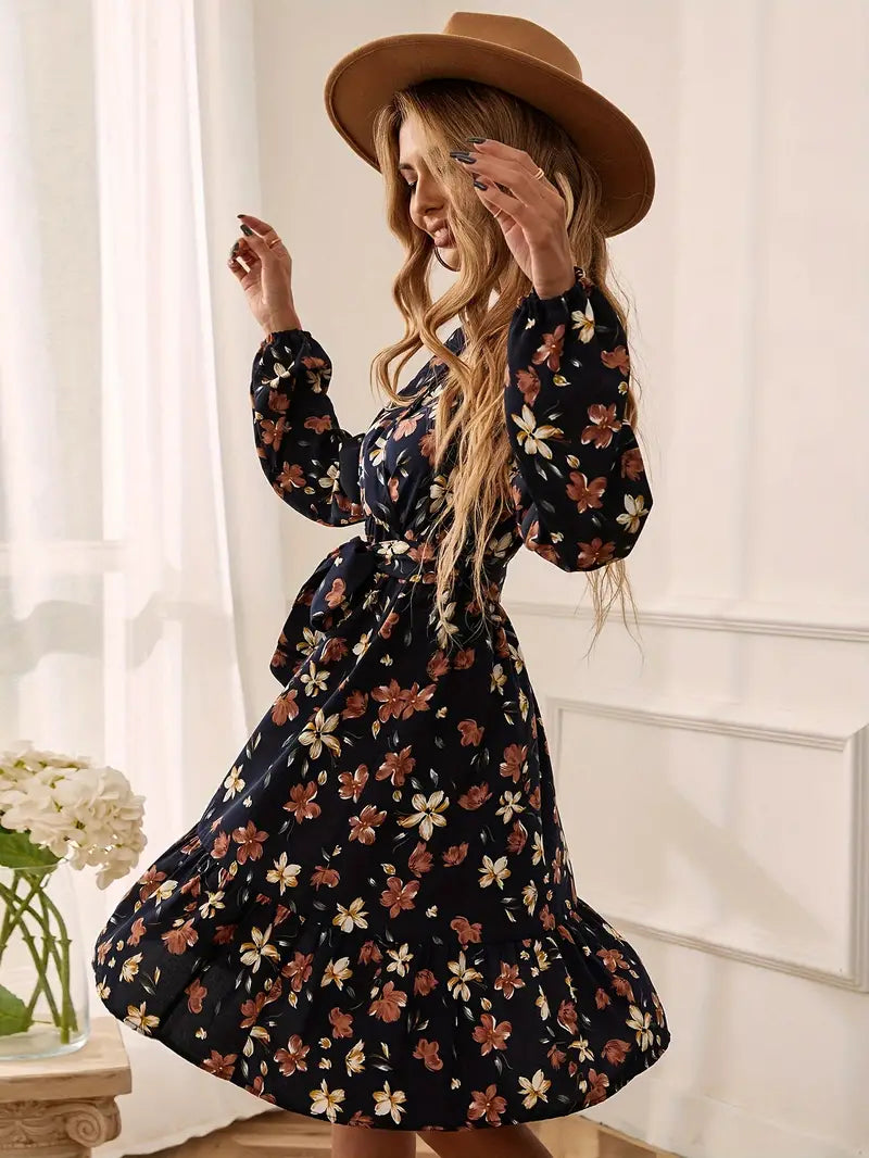 Autumn Flower Print V-Neck Long Sleeve Dress w/ Belt