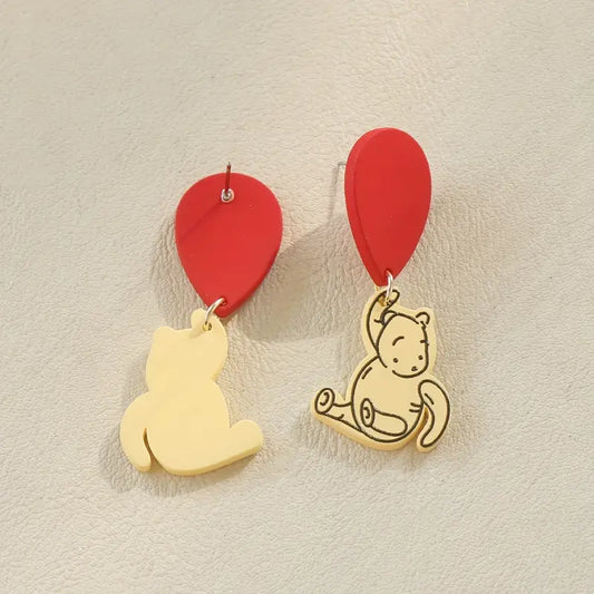 Playful Bear with Red Balloon Dangle Earrings