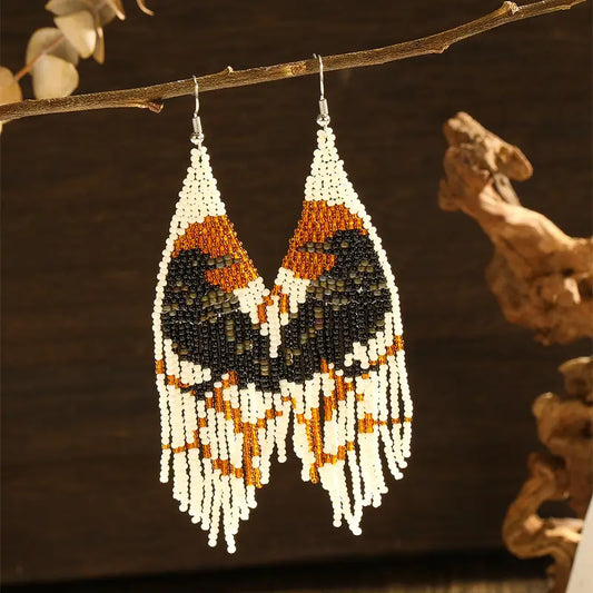 Midnight Avian Beaded Tassel Earrings