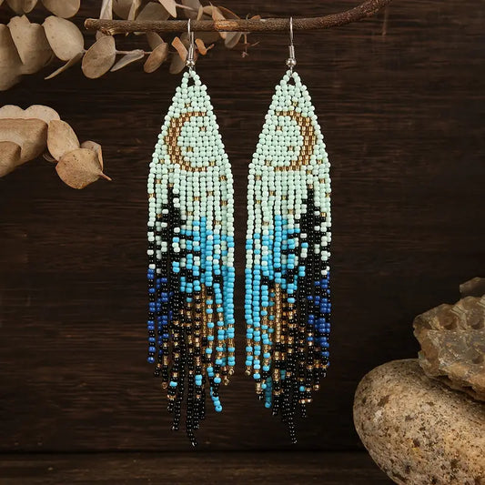 Deep Ocean Blue Handcrafted Beaded Tassel Drop Earrings