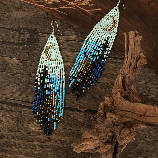 Deep Ocean Blue Handcrafted Beaded Tassel Drop Earrings