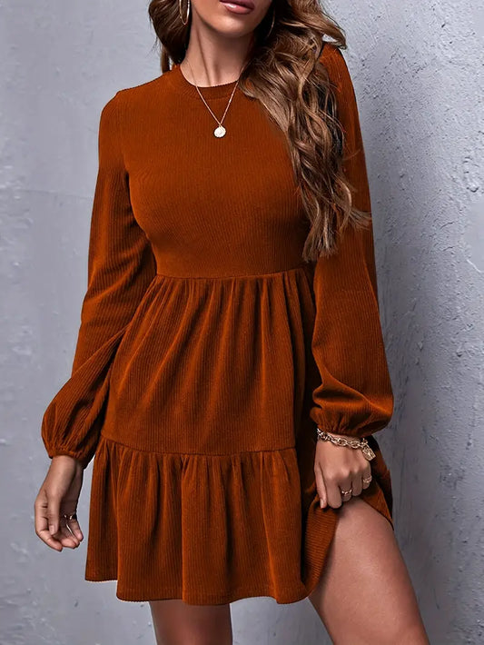 Burnt Orange Bliss Long Sleeve A-Line Dress with Ruffle