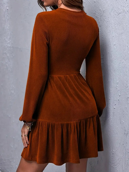 Burnt Orange Bliss Long Sleeve A-Line Dress with Ruffle