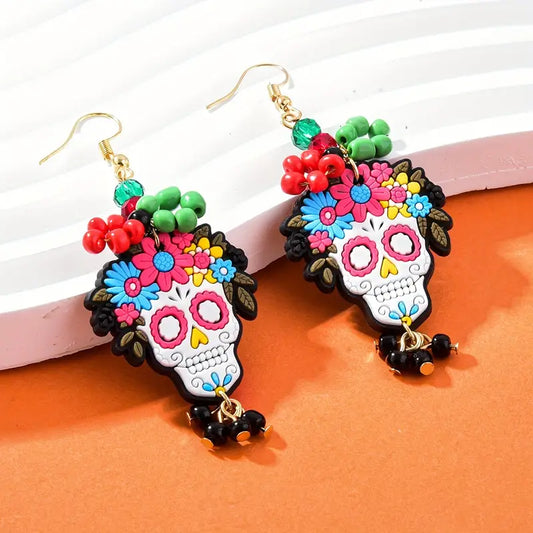 Skull Beaded Day of the Dead Dangle Earrings