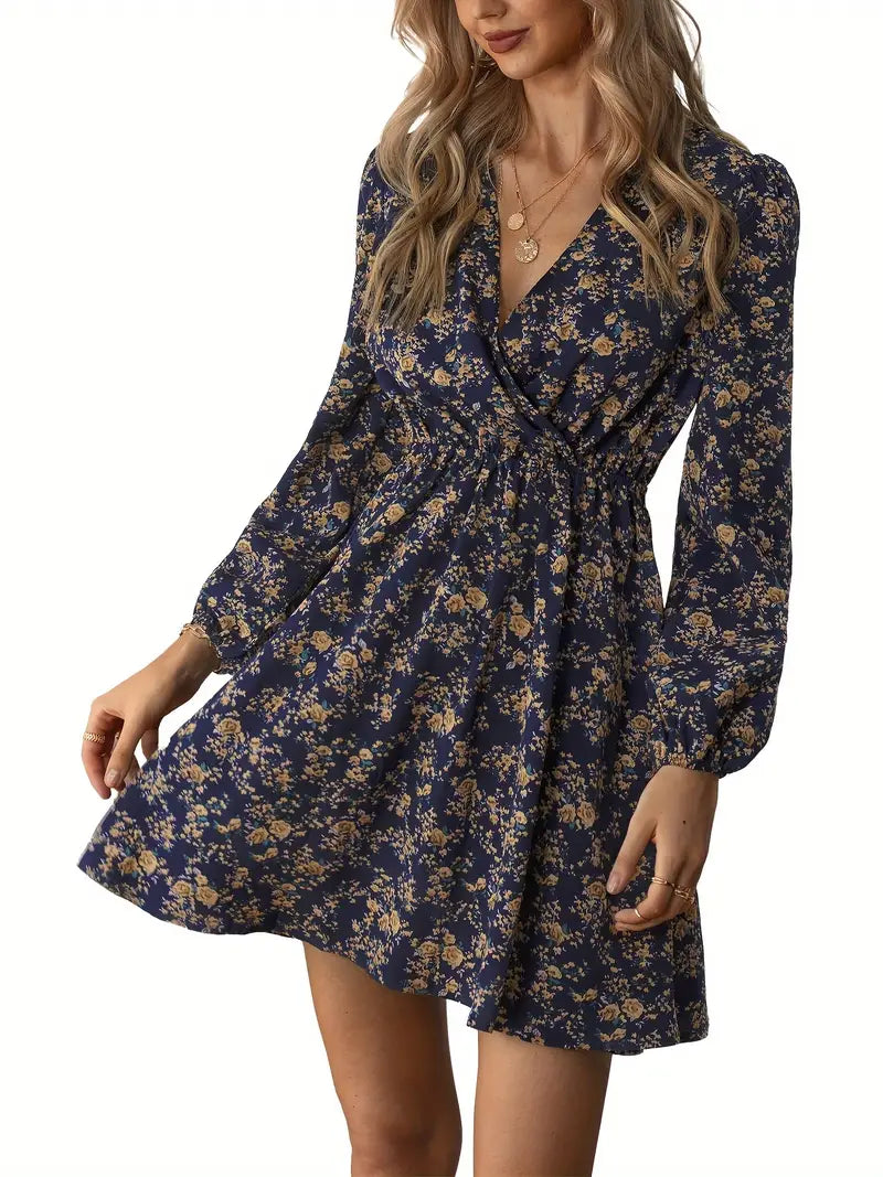 Chic Floral Long Sleeve Dress with Waist Detail and Wrap Neckline - XL Only