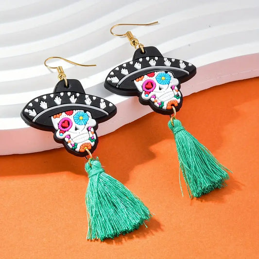 Skull w/ Green Tassel Day of the Dead Dangle Earrings