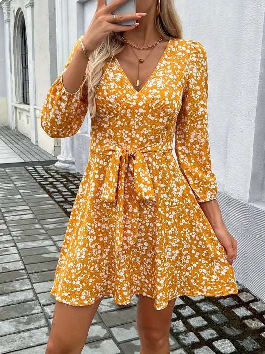 Mellow Marigold Elbow-Length Sleeve Floral Dress w/ Belt