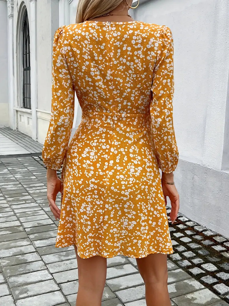 Mellow Marigold Elbow-Length Sleeve Floral Dress w/ Belt