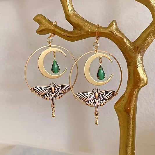 Round Moon & Moth Boho Dangle Earrings