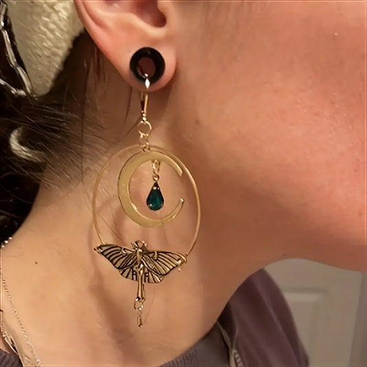 Round Moon & Moth Boho Dangle Earrings