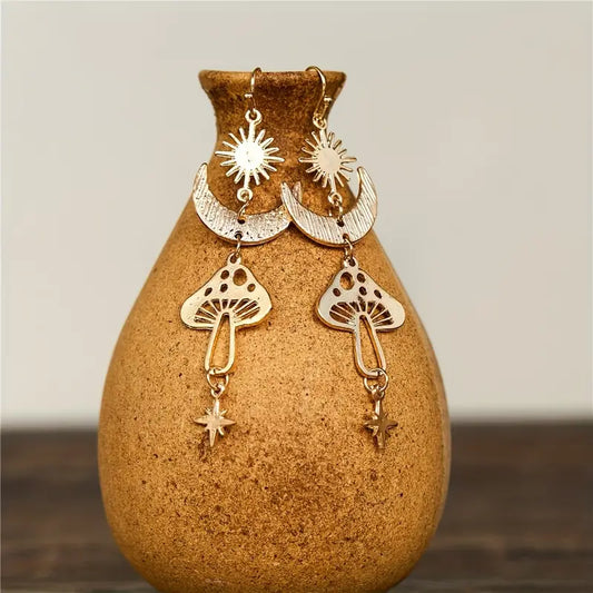 Sun, Moon, Mushroom, and Star Dangle Earrings