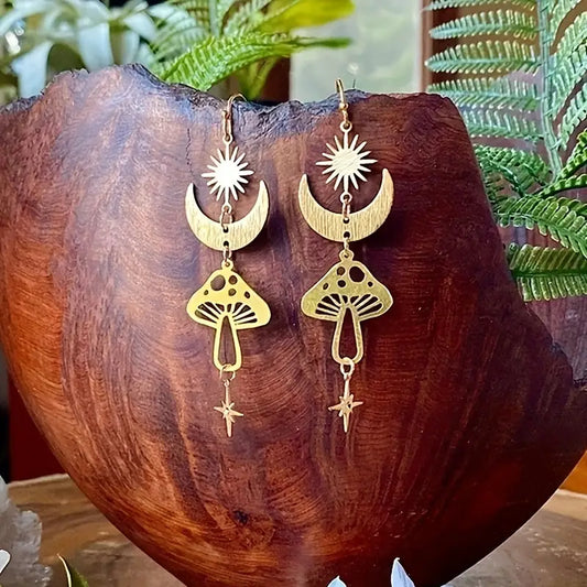 Sun, Moon, Mushroom, and Star Dangle Earrings