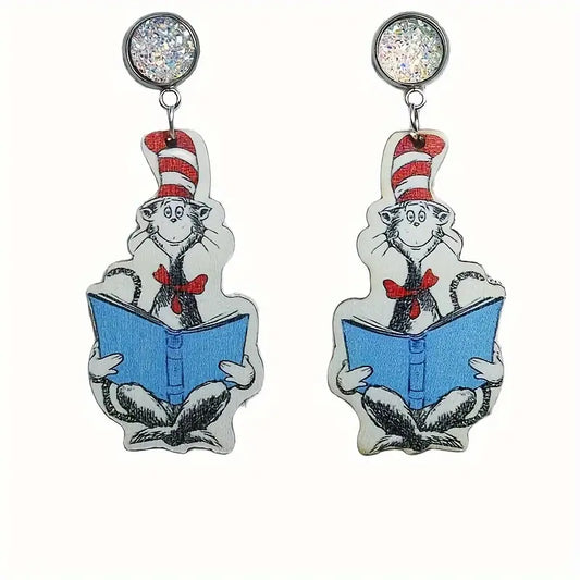 Reading Cat in Hat Dangle Earrings