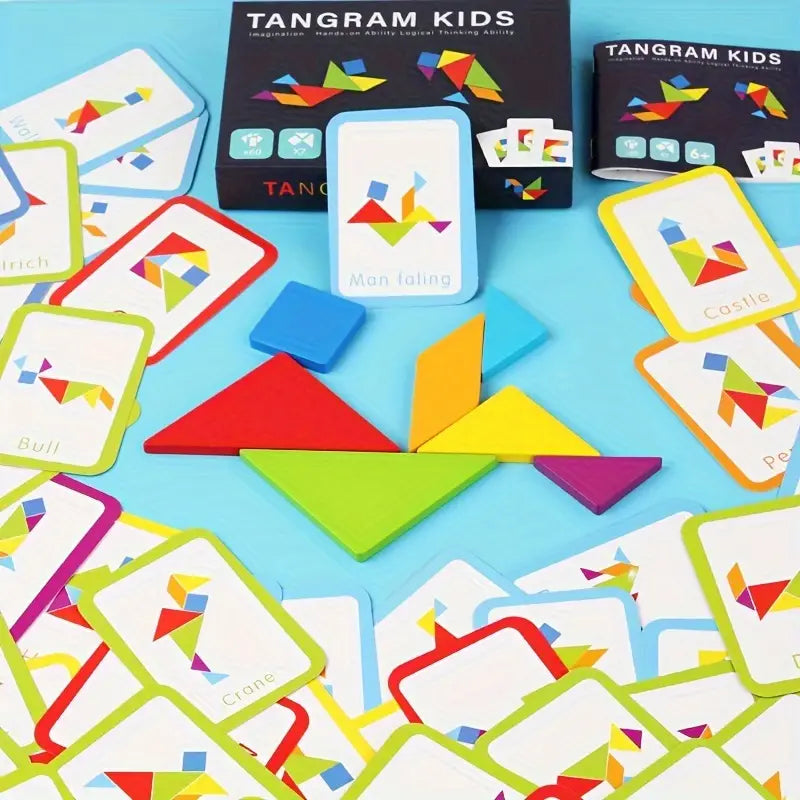 60-Card Wooden Tangram Puzzle Set with Colorful Geometric Shapes